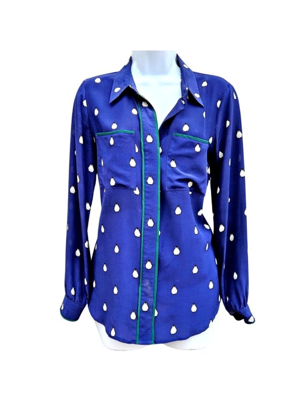 Alcée for Barneys New York Co-Op Silk Penguin Print Shirt Green Trim XS to S - Picture 11 of 11